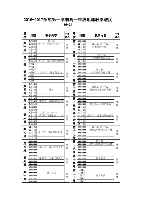 高一级第一学期地理学科学进度表