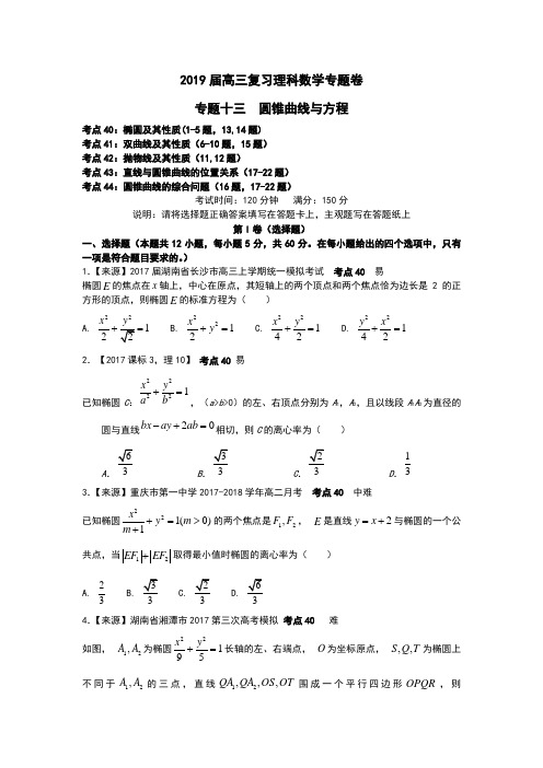 2019衡水名师原创理科数学专题卷：专题十三《圆锥曲线与方程》