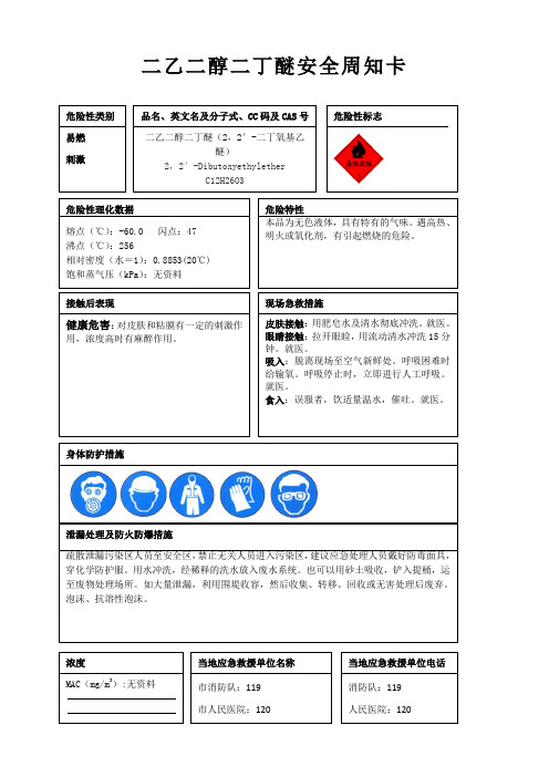 二乙二醇二丁醚安全周知卡、职业危害告知卡、理化特性表