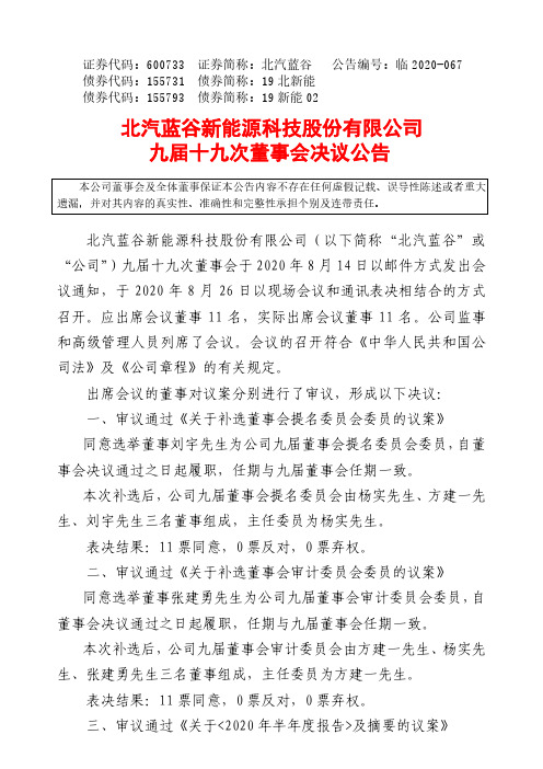 北汽蓝谷：九届十九次董事会决议公告