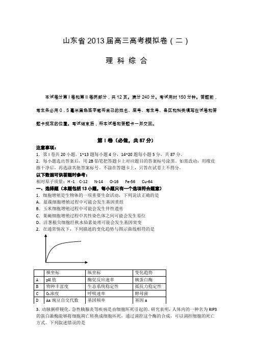 山东省2013届高三高考模拟卷(二)理综生物