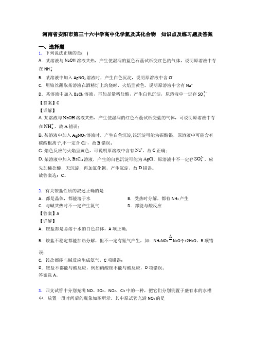 河南省安阳市第三十六中学高中化学氮及其化合物  知识点及练习题及答案