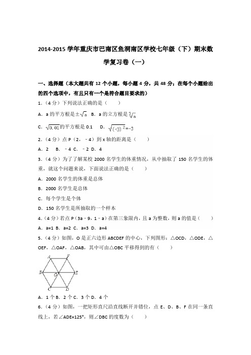 2015年重庆市巴南区鱼洞南区学校七年级下学期数学期末复习卷(一)