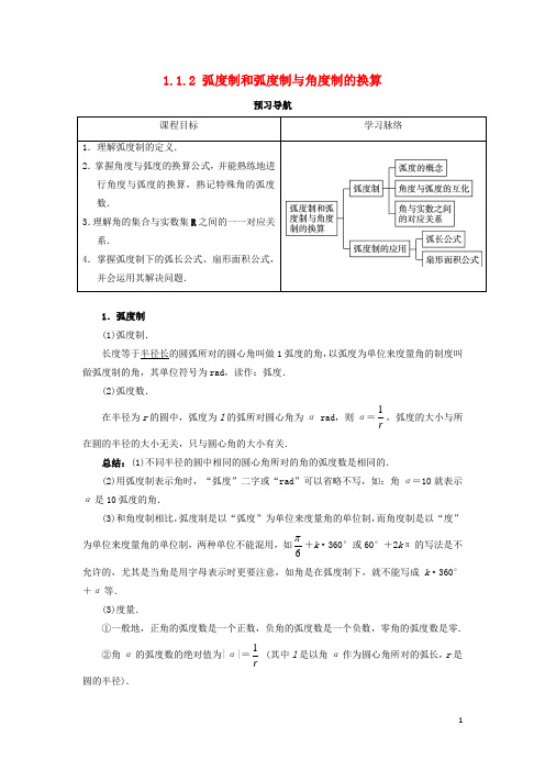 高中数学第一章基本初等函数II11任意角的概念与弧度制112弧度制和弧度制与角度制的换算预习导航学案新人教B