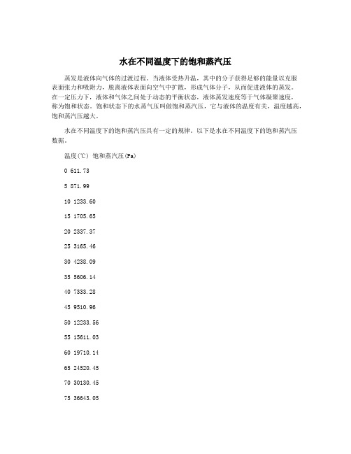 水在不同温度下的饱和蒸汽压