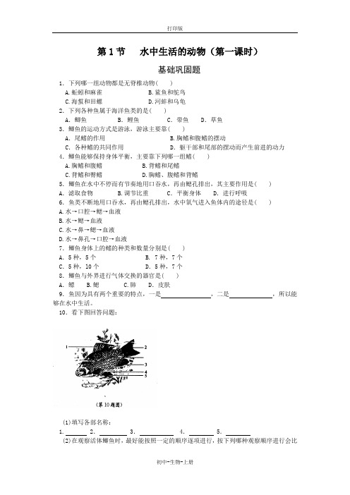 人教版生物-八年级上册-第1节 水中生活的动物(第一课时)——基础巩固