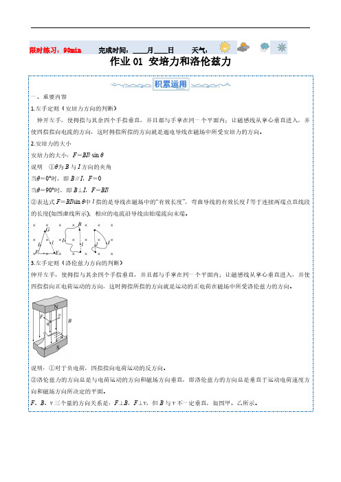 暑假作业01：安培力和洛伦兹力(原卷版)-2025版高二物理暑假作业