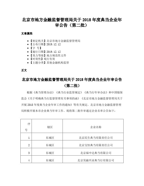 北京市地方金融监督管理局关于2018年度典当企业年审公告（第二批）