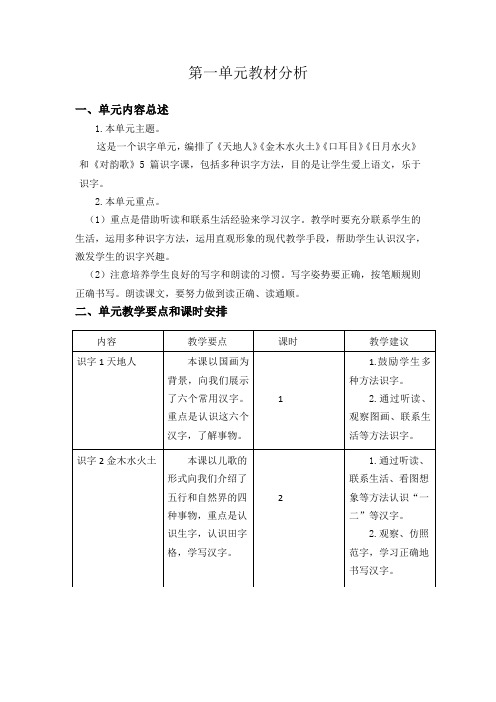 最新部编版一年级语文上册第一单元教材分析