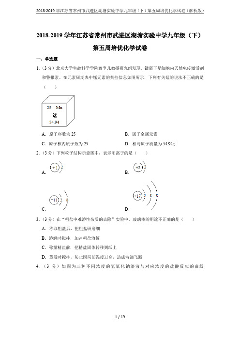 2018-2019年江苏省常州市武进区湖塘实验中学九年级(下)第五周培优化学试卷(解析版)