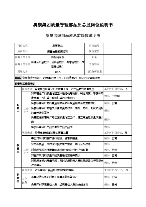 奥康集团质量管理部品质总监岗位说明书