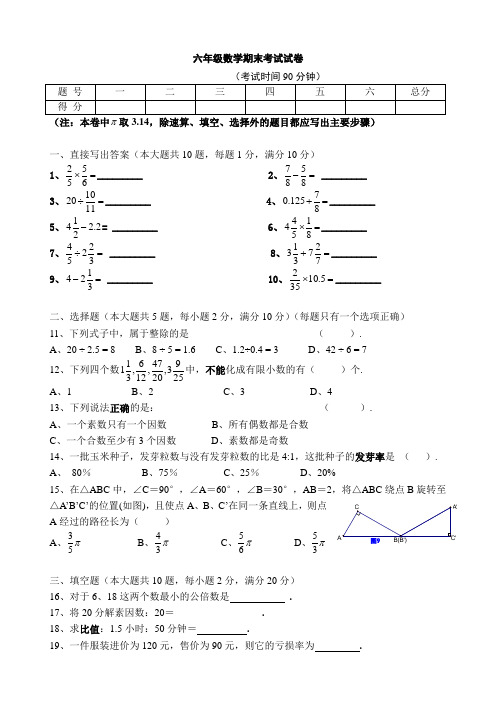 2020-2021学年人教版六年级上册数学期末测试卷(含答案)