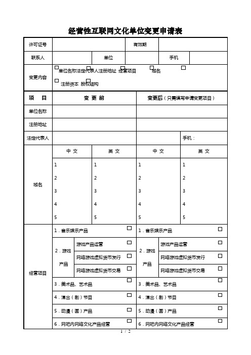 经营性互联网文化单位变更申请表