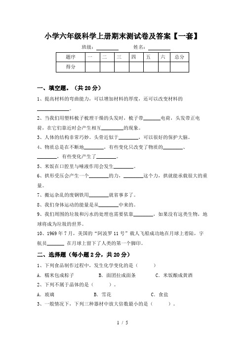 小学六年级科学上册期末测试卷及答案【一套】