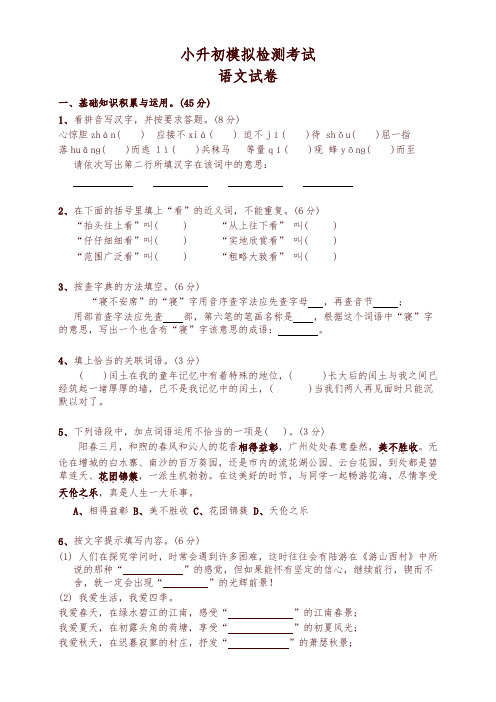 人教版六年级小升初语文模拟试卷及答案