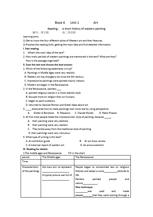 人教新课标英语选修6Unit1ArtReading学案