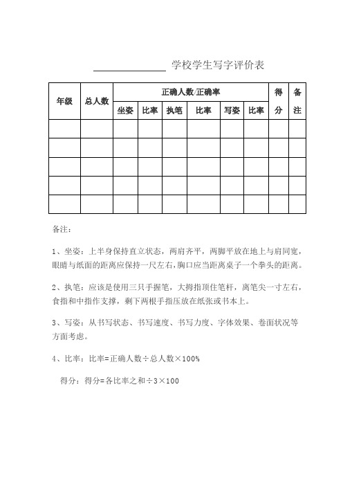 2020秋季检查学生写字评价表