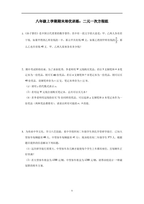 北师大版 八年级数学上册期末培优训练：二元一次方程组(含答案)