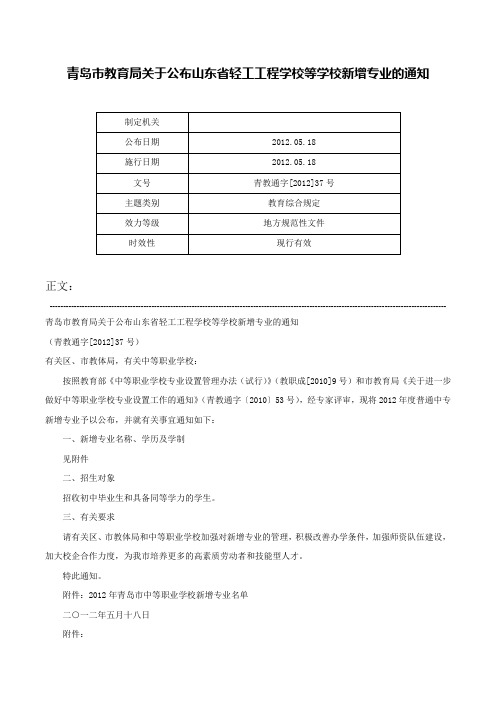 青岛市教育局关于公布山东省轻工工程学校等学校新增专业的通知-青教通字[2012]37号