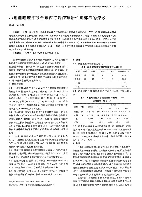 小剂量喹硫平联合氟西汀治疗难治性抑郁症的疗效