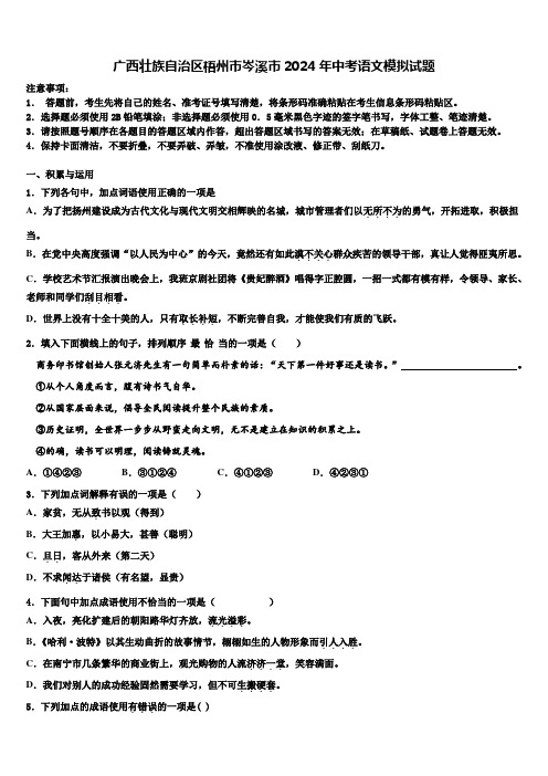 广西壮族自治区梧州市岑溪市2024年中考语文模拟试题含解析