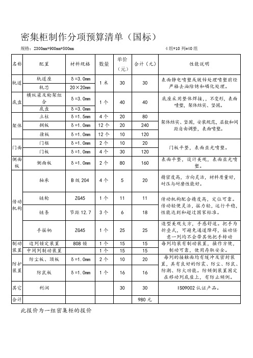 密集柜制作分项预算清单(国标)