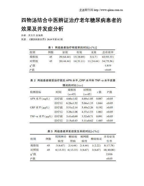 四物汤结合中医辨证治疗老年糖尿病患者的效果及并发症分析