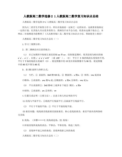 人教版高二数学选修2 1人教版高二数学复习知识点总结