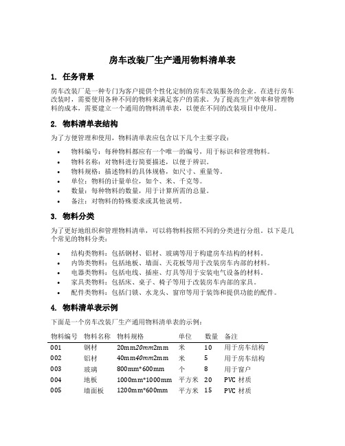 房车改装厂生产通用物料清单表