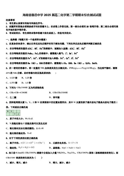 海南省鲁迅中学2025届高二化学第二学期期末综合测试试题含解析