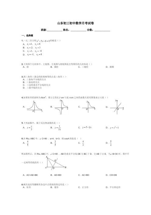 山东初三初中数学月考试卷带答案解析
