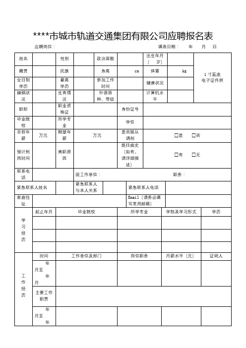 贵阳市城市轨道交通集团有限公司应聘报名表【模板】