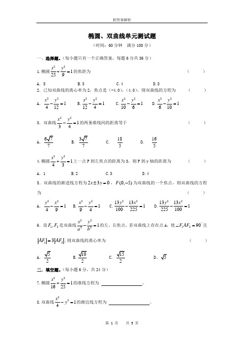 椭圆、双曲线单元测试题 附答案解析Word. doc版