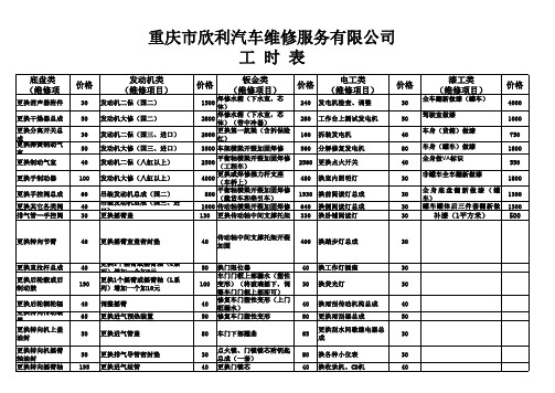 欣利汽修厂工时费表