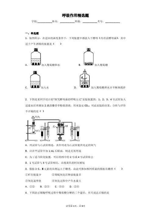 人教版高中生物必修一5.3呼吸作用精选题(pdf 版有答案)