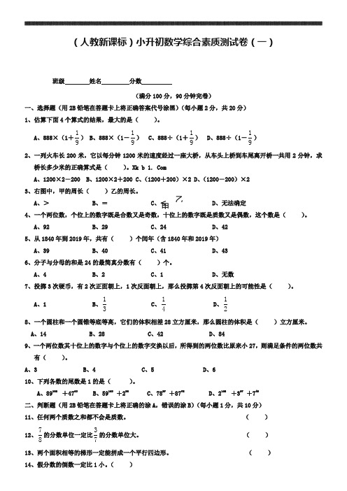 人教版六年级数学小升初综合素质测试卷(一)