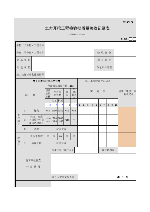 土方开挖工程检验批质量验收记录表