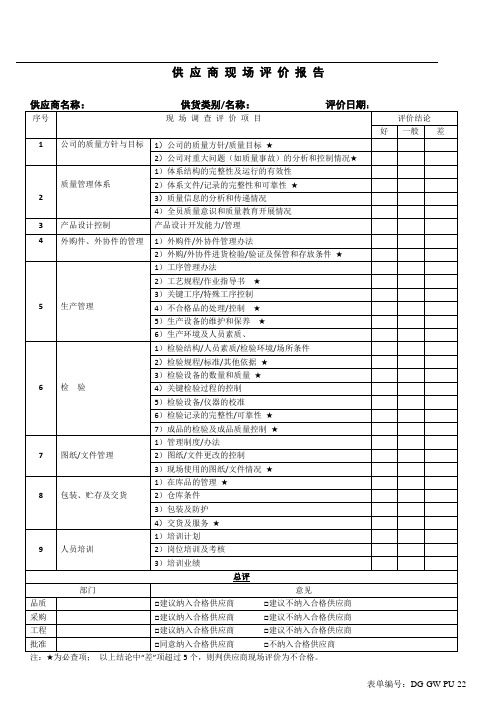 供 应 商 现 场 评 价 报 告