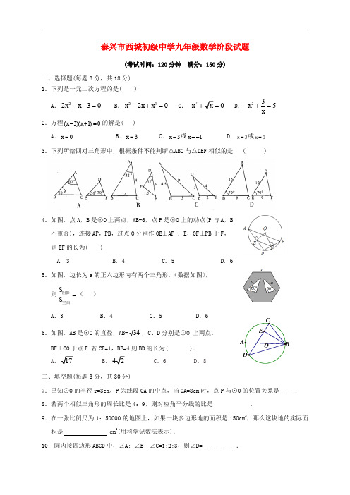 江苏省泰兴市九年级数学10月阶段考试试题