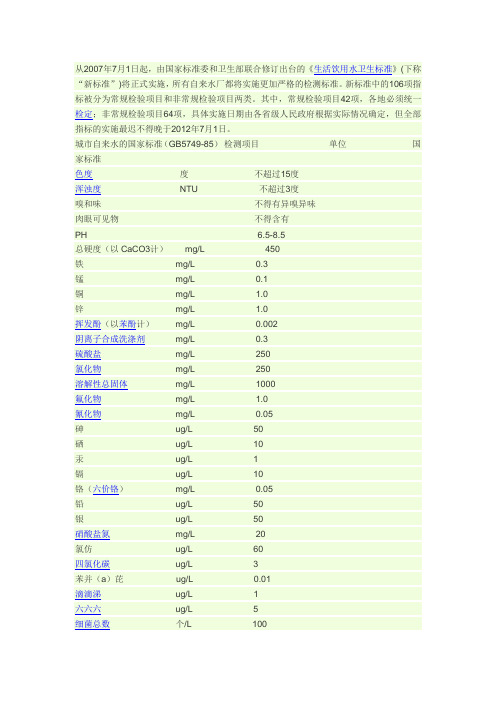 国家自来水水质标准