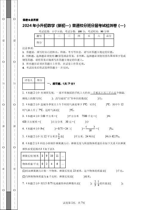 【A4考试版】2024年小升初数学(新初一)普通校分班分层考试检测卷(一)