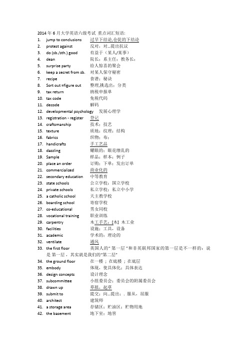 2014年6月大学英语六级考试 重点词汇短语