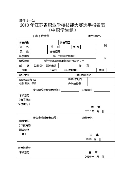 职业学校技能大赛选手报名表