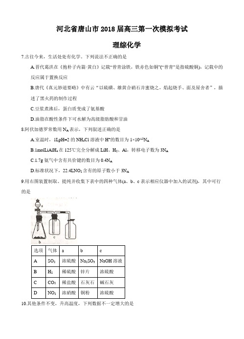 河北省唐山市2018届高三第一次模拟考试理综化学试卷(含答案)