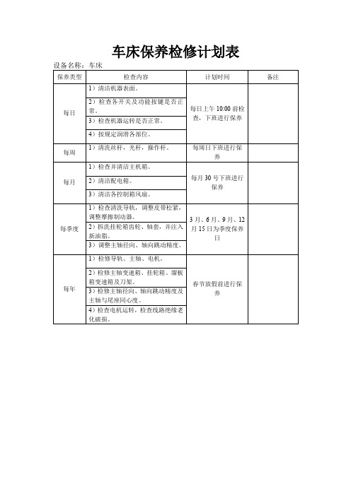 车床保养检修计划表