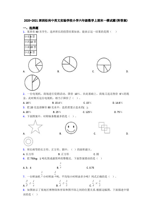 2020-2021深圳松岗中英文实验学校小学六年级数学上期末一模试题(附答案)