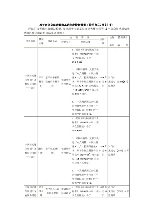 恩平市公众移动通信基站年度检测通报(2009年11月14日)解析