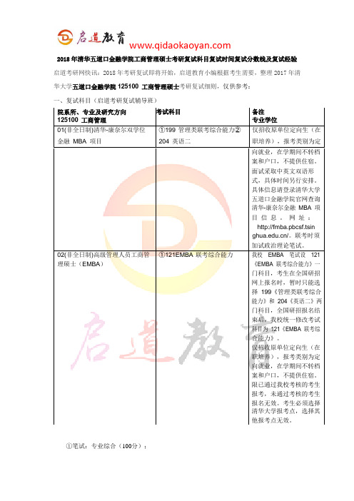 2018年清华五道口金融学院工商管理硕士考研复试科目复试时间复试分数线及复试经验