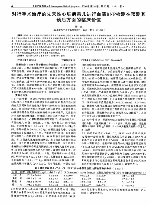 对行手术治疗的先天性心脏病患儿进行血清BNP检测在预测其预后方面