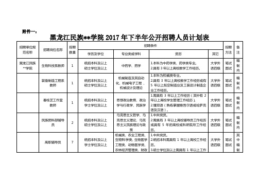 黑龙江民族职业学院2017年下半年公开招聘人员计划表【模板】